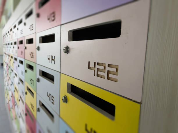 Mailbox in a row in letter box office of apartment