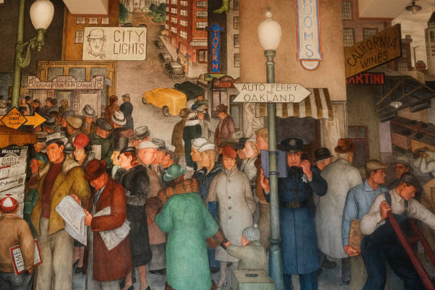 Detail of Coit Tower mural depicting street life in San Francisco