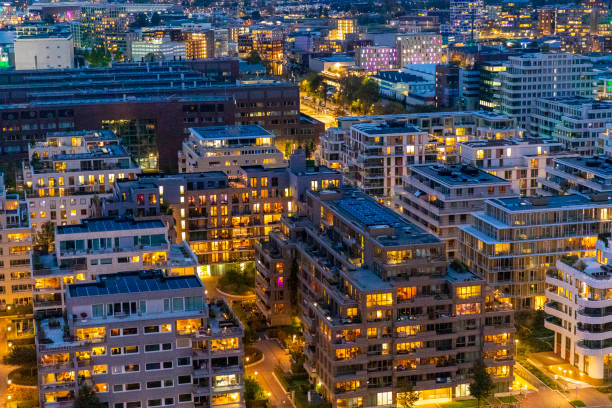 Nighttime cityscape near the central train station in Amsterdam, Netherlands