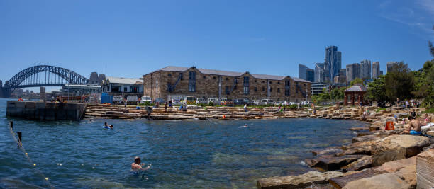 SYDNEY, AUSTRALIA - JANUARY 15: (EDITORS NOTE: Image is a digital [panoramic] composite.)  panoramic image of the swimming area in Marrinawi Cove located in Sydney's Barangaroo development is seen on January 15, 2025 in Sydney, Australia.
