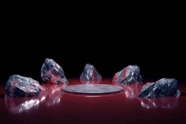 istock Black rock dark rough surface with red liquid or blood pond mysterious and scary. light shadow platform product display advertisement stand background stone strong or underwater. 3D illustration. 2194141223
