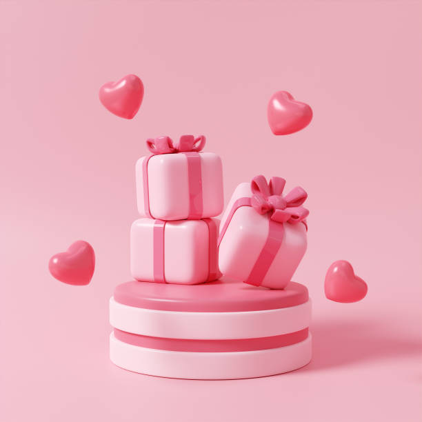 istock Three delightful pink gift boxes with hearts floating above on a podium for a Valentine's Day celebration 3D render illustration 2194142313