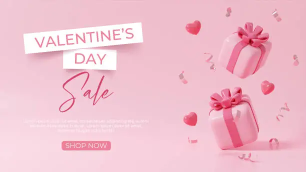 Boîtes-cadeaux roses en chute libre avec des rubans promouvant la vente de la Saint-Valentin Illustration de rendu 3D Boîtes-cadeaux roses en chute libre avec des rubans promouvant la vente de la Saint-Valentin Illustration de rendu 3D