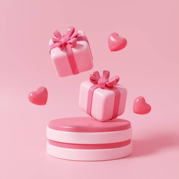 istock Two playful pink gift boxes with floating hearts above on a podium for Valentine's celebration 3D render illustration 2194142341