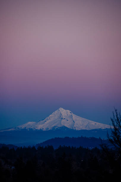 Mount Hood, an Oregon natural icon, shot at sunset in January wintertime.