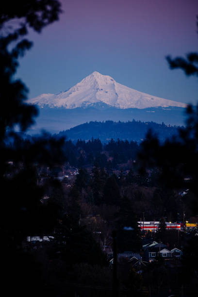 Mount Hood, an Oregon natural icon, shot at sunset in January wintertime.
