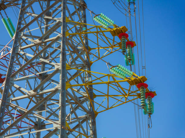 electricity substation with power lines and insulators.
