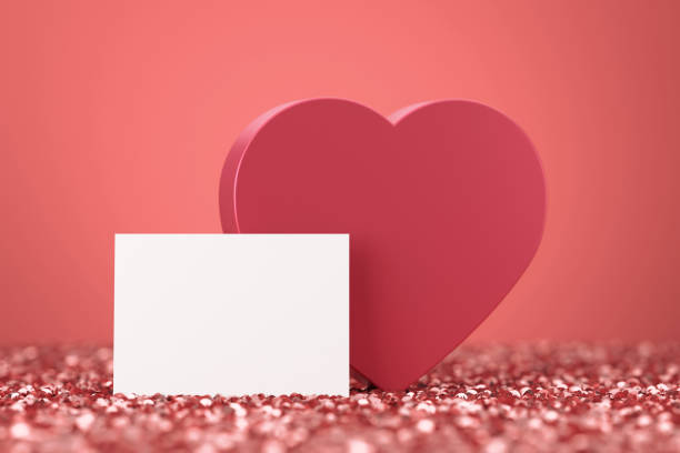 Gift Box Heart Shape And Empty Valentine Card With Confetti. Valentines Day Concept