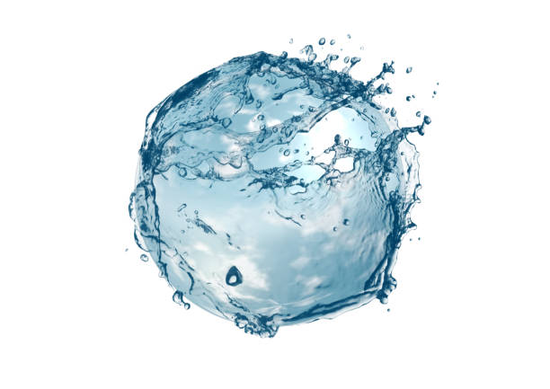 3d-illustration von wassertropfen und spritzern in runden formen - ice ball stock-fotos und bilder