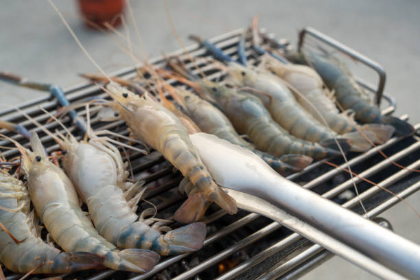Grilled Prawns on stove - food preparation.