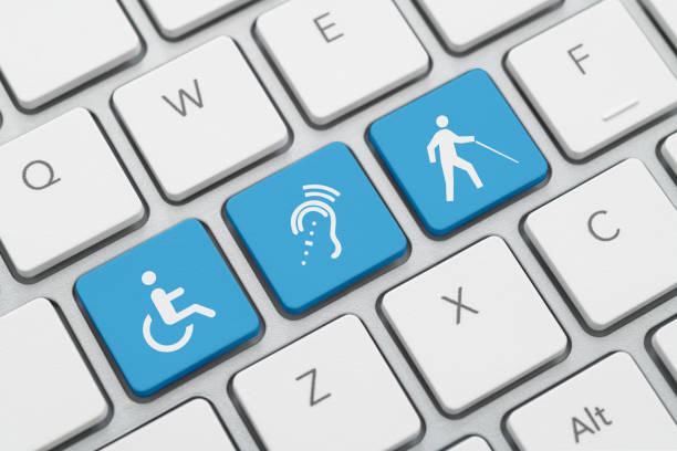 three accessibility icon on computer keyboard - toegankelijkheid stockfoto's en -beelden