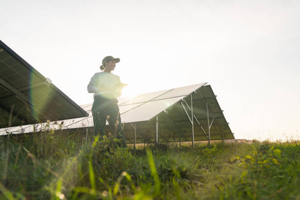 istock Female farmer with digital tablet on a modern farm using solar panels. 2194170753
