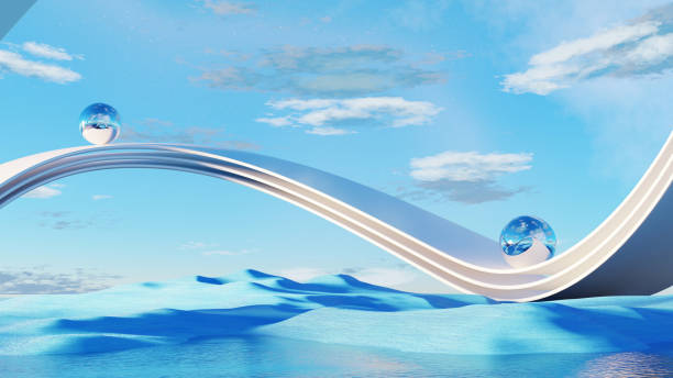 3D render, Futuristic blue seascape with reflective glass spheres on curved white bridges under a bright sky.