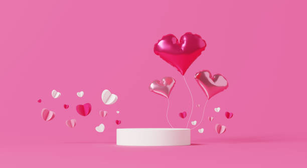 istock 3D render, Floating heart shaped balloons with white podium on soft pink background. 2194172585