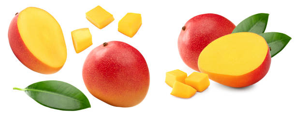 istock mango with slices and green leaves isolated on white background. clipping path 2194173375