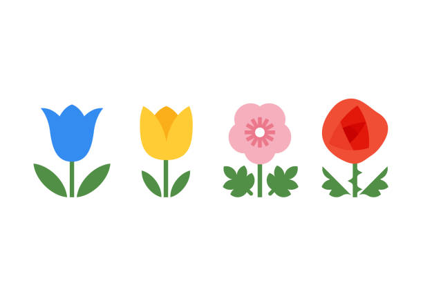 Different flowers in geometric style: bluebell flower, tulip, wild rose, rose, flowering plant with bright and colorful flowers. Illustration set in minimalistic style. Vector flat, floral design element
