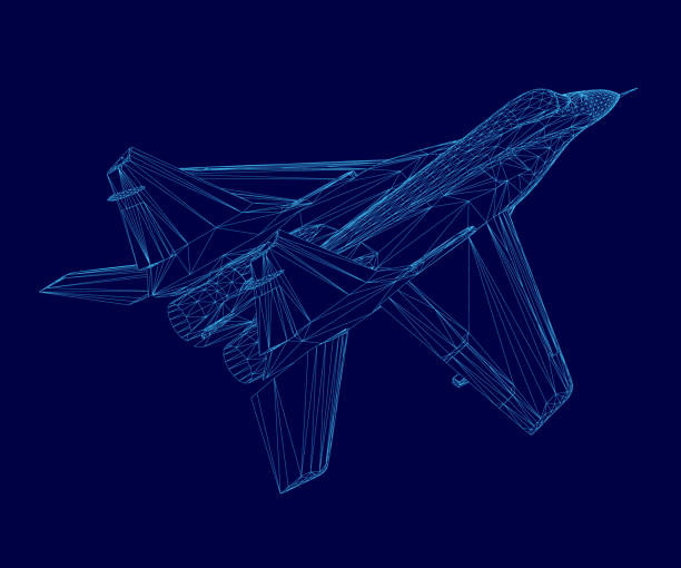istock Blue airplane is shown in a blue background. The airplane is a fighter jet. The image is a computer generated image 2194179349