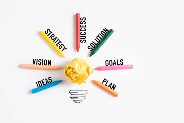 Light bulb created with crumpled paper ball and colorful crayons and business words