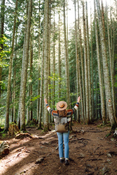 istock Woman with backpack hiking outdoors in the Forest. 2194181452