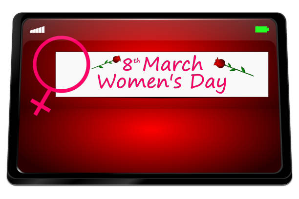 tablet computer with international women's day banner - 8 march on red display - 3D illustration