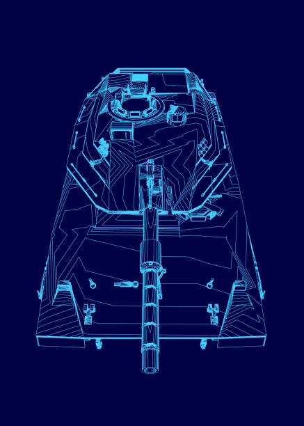 istock Blue drawing of a tank. The tank is shown from the side and the front 2194184479
