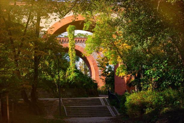 Ancient German architecture in Warmia, Poland. Brick viaducts in Olsztyn. Railroad bridges
