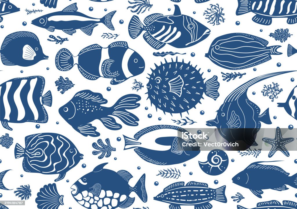 Unterwasser Meer Ozean Leben Tropische Fisch Schule in Indigo Blau Marine und Weiß Farben Nahtloses Muster, Wasser Natical Küste Marine Repeat Design - Lizenzfrei Blockdruck Vektorgrafik Unterwasser Meer Ozean Leben Tropische Fisch Schule in Indigo Blau Marine und Weiß Farben Nahtloses Muster, Wasser Natical Küste Marine Repeat Design - Lizenzfrei Blockdruck Vektorgrafik