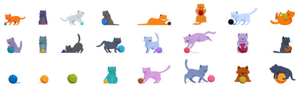 Cat playing yarn ball icons set. Adorable cats playing with yarn balls set of cartoon vector illustrations Cat playing yarn ball icons set. Collection of twenty three illustrations representing cats playing with balls of wool in different positions kitten playing with yarn stock illustrations