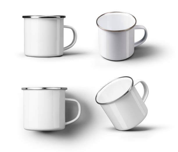 istock Mockup of white enamel mug with silver rim, handle, for design, print, pattern, branding. Set 2194187278