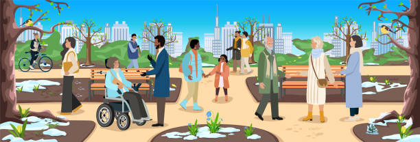 Spring in the city park People of different ages and nationalities walk in the spring city park. Families with children, elderly and young couples, friends spend time together. Vector horizontal illustration. melting girl stock illustrations