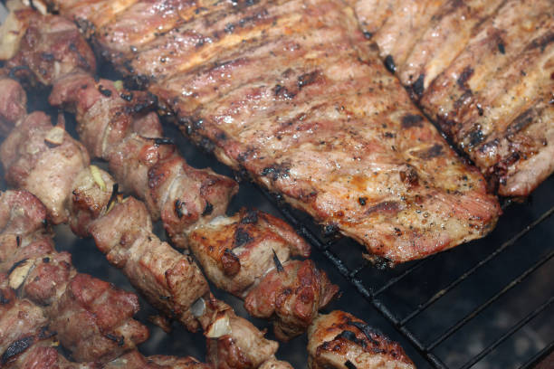 meat skewers on the barbecue coals