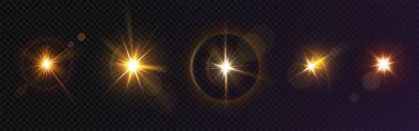 Glint and glare lighting effect set Glint and glare lighting effect set - bright sun bursts with golden radiant rays, shining star flares, circular luminous halos on transparent background. Sparkle overlays and optical highlights. cameras flashing stock illustrations