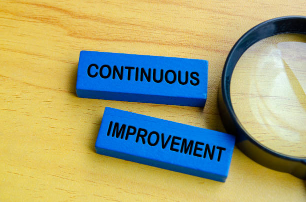 istock Top view of continuous improvement text on blue wooden blocks with magnifying glass background. Continuous improvement concept 2194195087