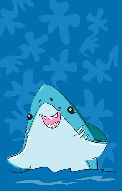 istock Hand drawn cute shark on a blue background illustration. Sketch fish sea. Childish print design for fabric, t-shirts, poster, background. Vector 2194197895