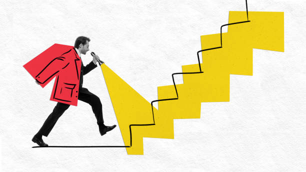 istock Abstract art design. Man in red jacket holding flashlight, walking toward ascending yellow stairs, symbolizing discovery or advancement. 2194199096