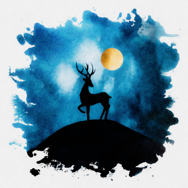 istock Majestic stag silhouetted against a moonlit sky amidst swirling blue and gold hues 2194201087