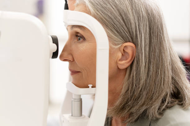 istock Senior woman undergoing eye exam with modern equipment 2194207475