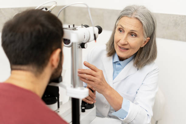 istock Senior female doctor performing eye exam on patient using slit lamp 2194207537