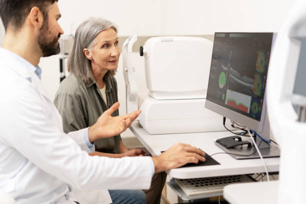 istock Ophthalmologist explaining diagnosis to senior patient using computer in clinic 2194207604