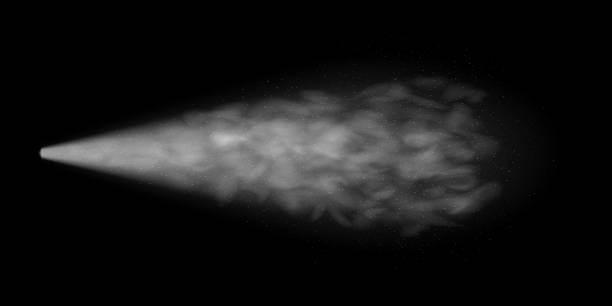 istock Spray jet overlay from nozzle or water gun with smoke or mist clouds on black background 2194207782