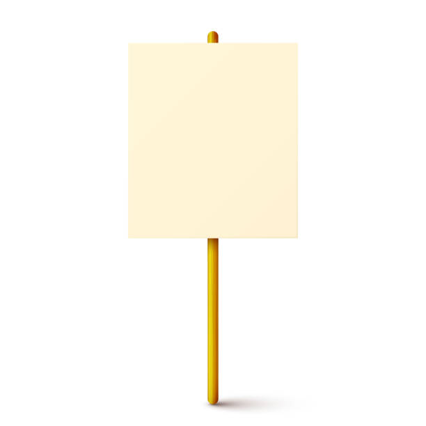 istock Blank colorful protest sign with wooden holder. Demonstration banner. Strike action cardboard placard mockup. Social advertisement. Vector illustration 2194208138