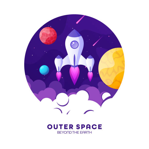 istock Rocket launch, space futuristic colorful background with planets and stars. Cartoon starship, spaceship in night sky. Solar system, galaxy and universe exploration. Vector illustration 2194210046