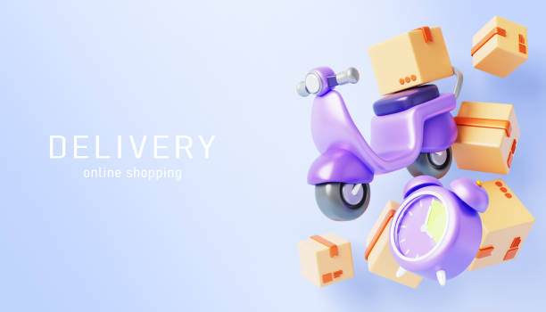 istock Online delivery service 3d banner. Scooter delivers box with countdown clock render. Motorcycle for express shipping order, cargo, mail and document correspondence parcels, fast food 2194210241