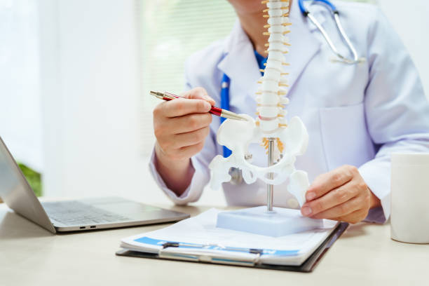 istock A male doctor wearing glasses sits at a desk, explaining a spine model, discussing spinal anatomy, degenerative diseases, nerve compression, back pain, osteoporosis, muscle weakness,reduced mobility 2194211703