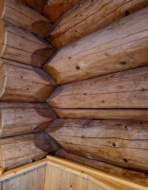 istock carpenter built a log cabin with rough hewn beams. wood planing was not done before. authentic craftsmanship wooden log cabin. mortises for placing roof beams. gouging wood, ax, cut 2194214850