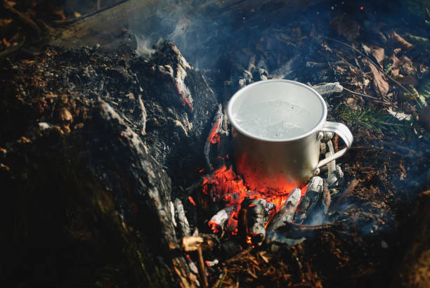 istock Travel stainless steel mug on coals from fire in forest 2194217626