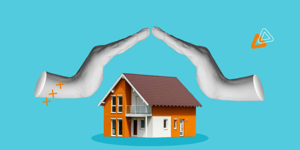 istock Property insurance, home security. Hands protect the home. Minimalistic art collage 2194218159