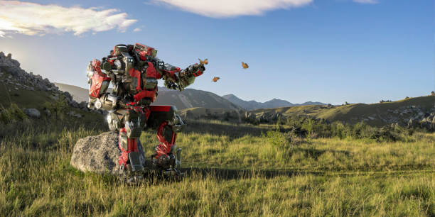 A generic red robot sitting on a rock in the middle of a hilly meadow in late afternoon on a bright day with one arm outstretched allowing a butterfly to land on its hand.