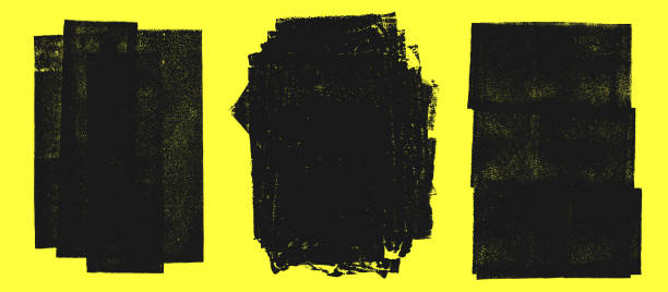bildbanksillustrationer, clip art samt tecknat material och ikoner med linocut, relief printing, letterpress rectangle a4 shapes rough grunge textures set, vector collection. black linocutting textured backgrounds, text frames. paint roller geometric stains, lino ink grungy remains - stökig