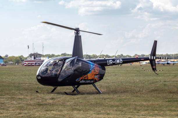 Kharkiv, Ukraine - August 29, 2021: Helicopter Robinson R44 Raven II on display during KharkivAviaFest airshow